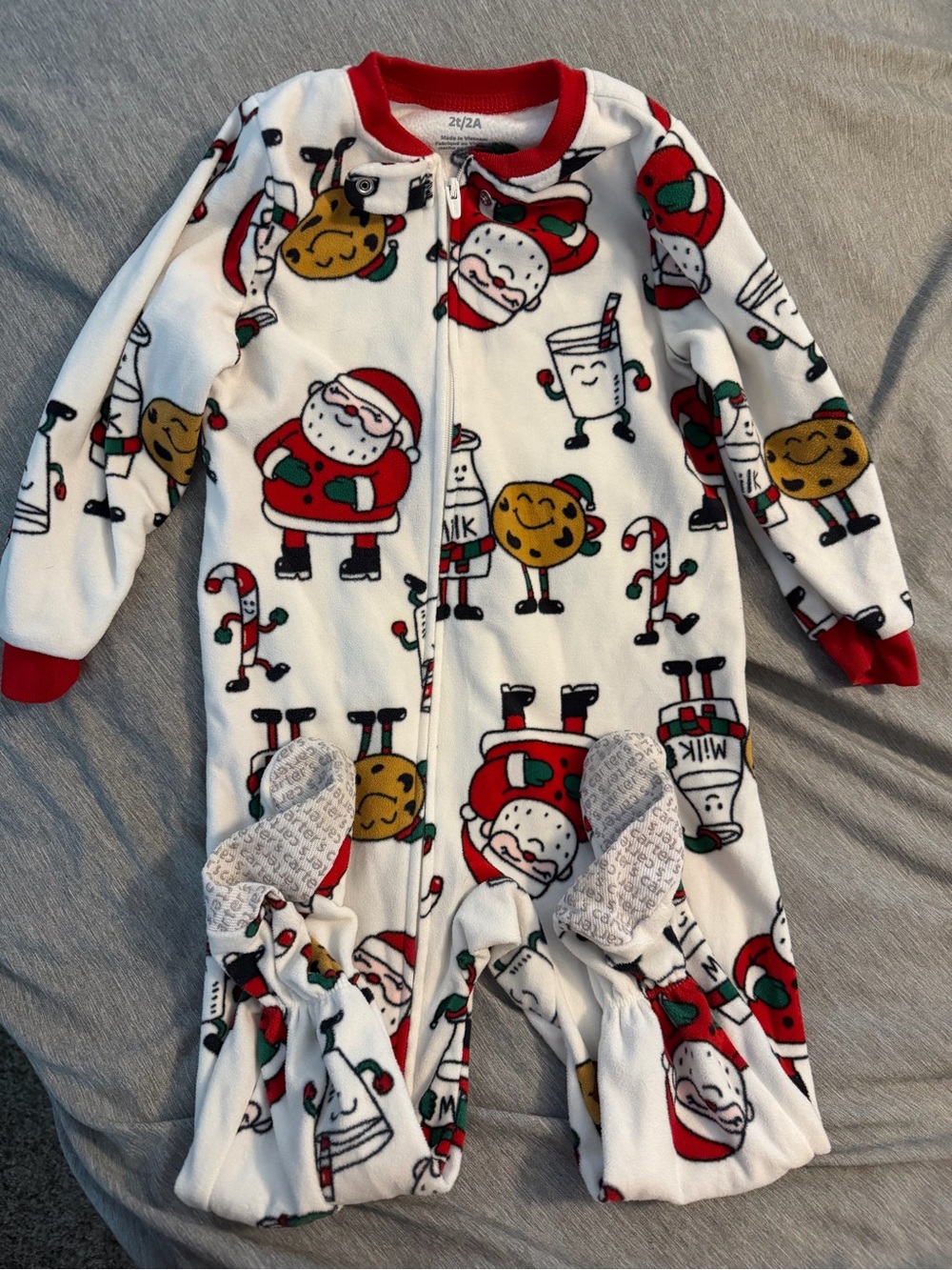 Holiday Santa & Treats White Kids One-Piece Pajamas with Red Trim